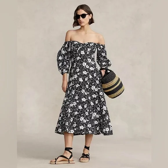 knee length dresses for ladies Polo Ralph Lauren Lisi Floral-Embroidered Midi Dress  DGFOutlet